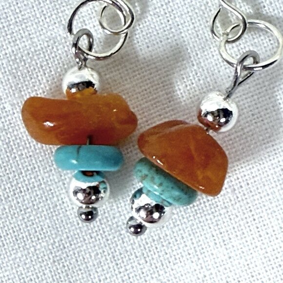 REIMAGINED Carnelian & Blue Howlite Beaded Earrings on Sterling Silver Hooks - Picture 4 of 8